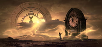 Surreal fantasy woman standing near giant clock in mystical landscape