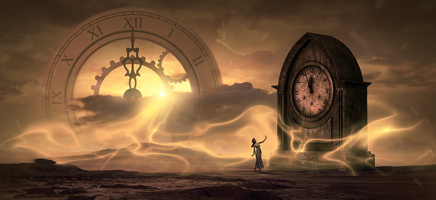 Surreal fantasy woman standing near giant clock in mystical landscape