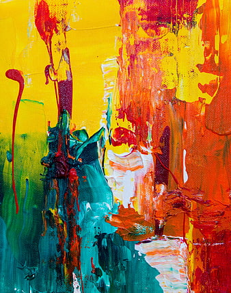 Vibrant Abstract Acrylic Painting with Yellow, Red, and Teal Textures