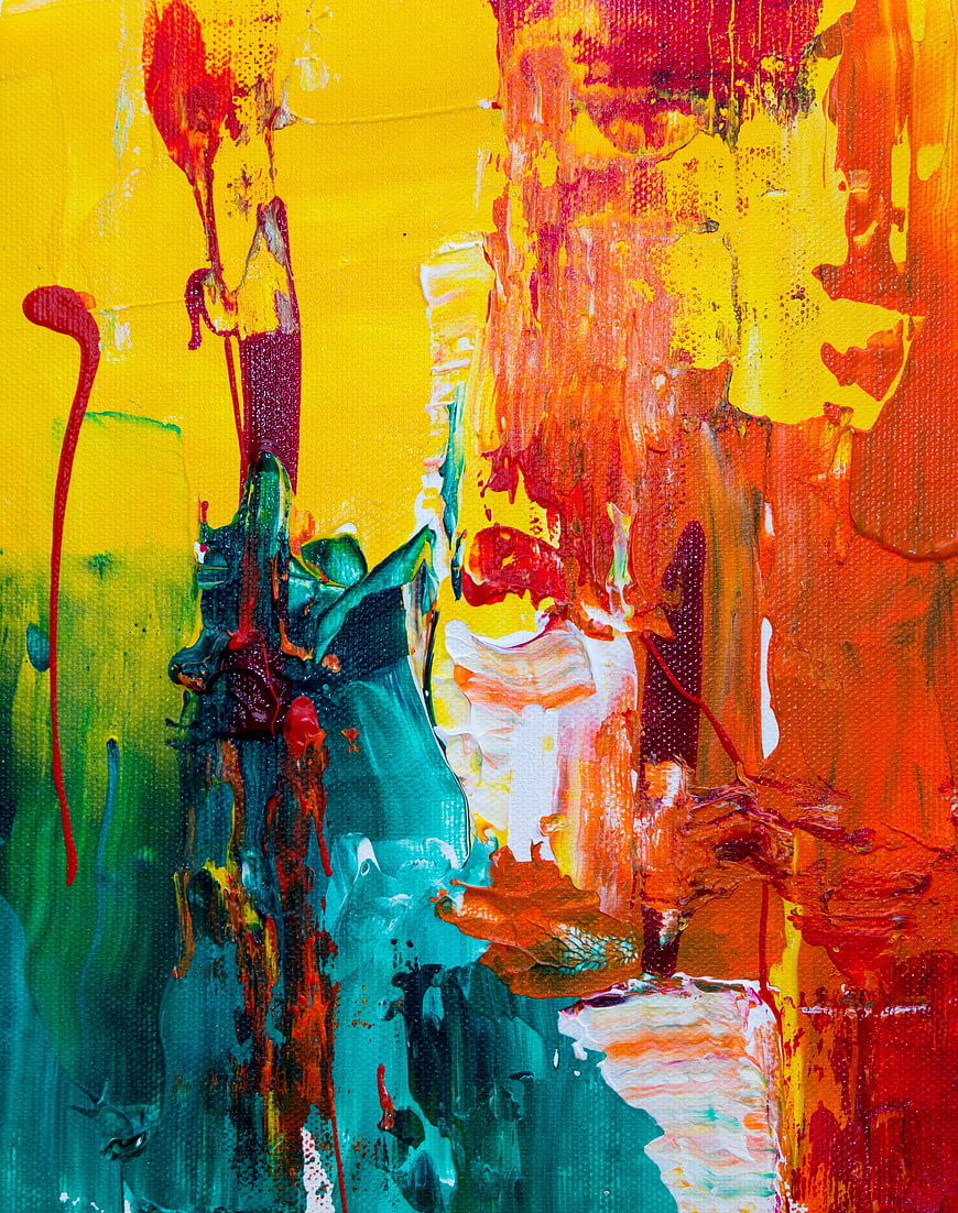 Vibrant Abstract Acrylic Painting with Yellow, Red, and Teal Textures