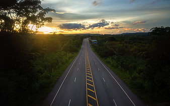 Aerial View of Empty Highway at Sunset Through Forest