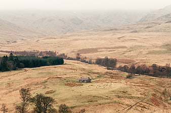 Solitary stone cottage in misty autumn highland landscape