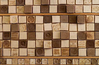 Vintage Marseille Soap Bars Arranged In Wooden Grid Display