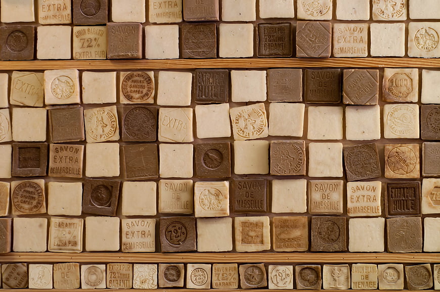 Vintage Marseille Soap Bars Arranged In Wooden Grid Display