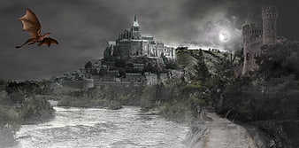 Fantasy Dragon Flying Over Castle and River at Night