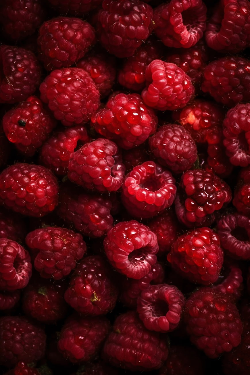 Close-up of fresh red raspberries filling the frame