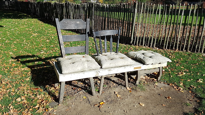 Rustic wooden chairs with cushions in autumn park