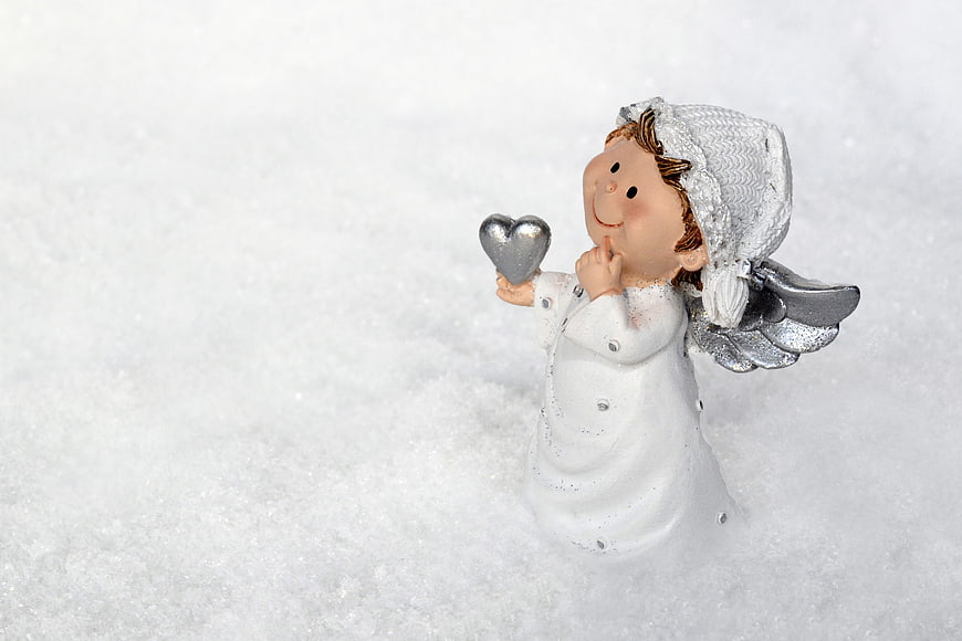 Cute Christmas Angel Figurine Holding Silver Heart in Snow