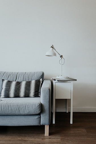 Minimalist Living Room with Grey Sofa and White Lamp