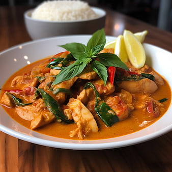 Thai red curry chicken with rice and basil
