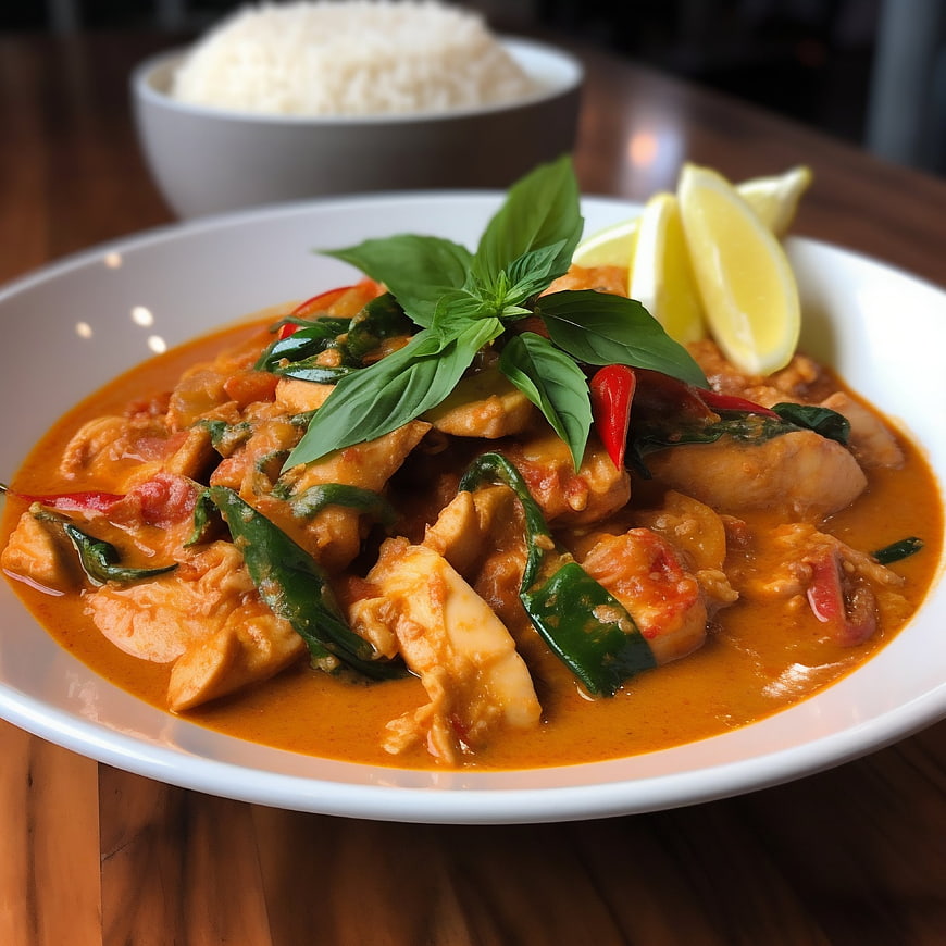 Thai red curry chicken with rice and basil