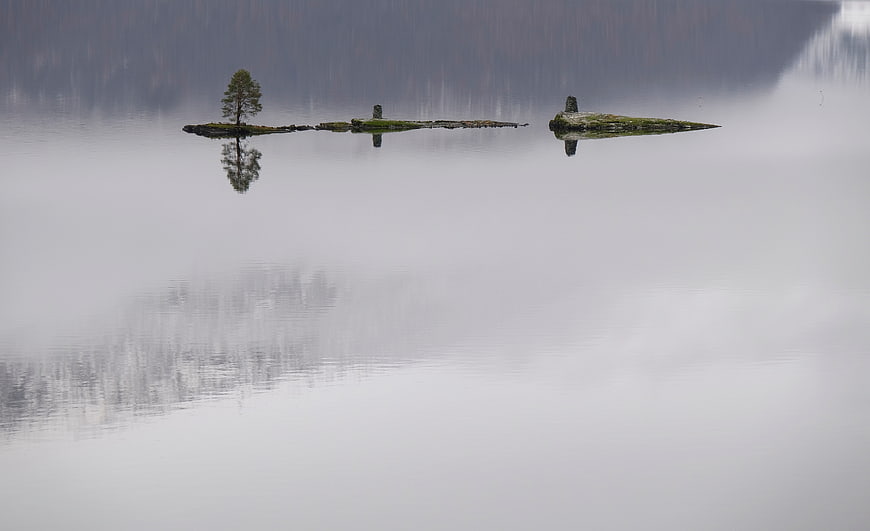 Misty lake with submerged ruins and tree reflection