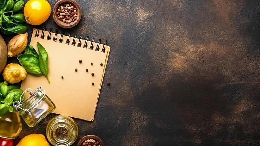 Fresh Cooking Ingredients and Recipe Notebook on Dark Table
