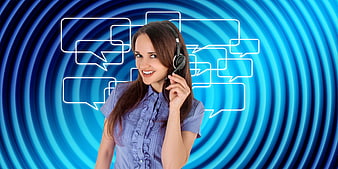 Smiling female customer service representative wearing headset with digital chat bubbles