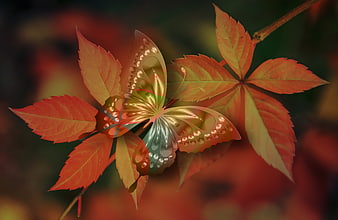 Artistic Digital Butterfly Overlay On Autumn Leaves