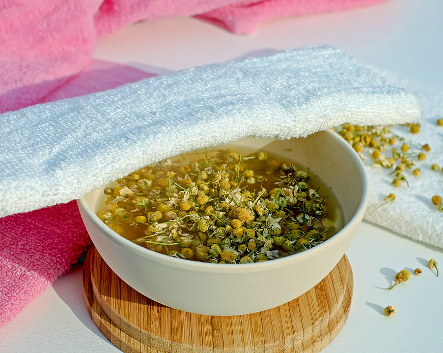 Chamomile steam inhalation bowl with towel for cold relief