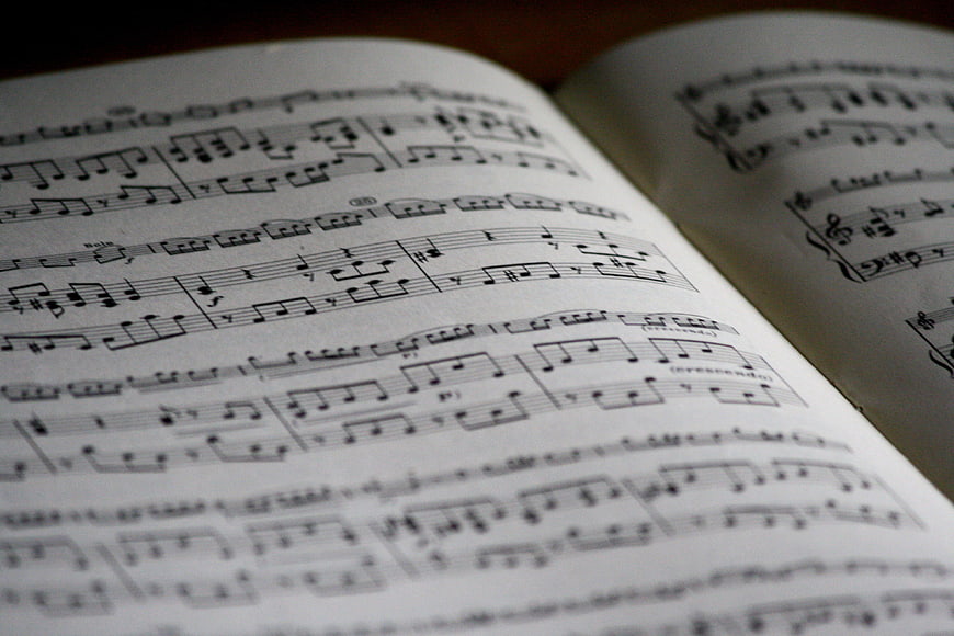 Close-up of printed sheet music with musical notes