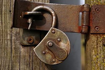 Rusty vintage padlock on weathered wooden gate