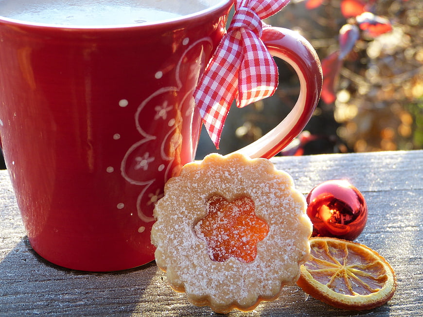 Red Christmas Mug with Cookie and Dried Orange Slice
