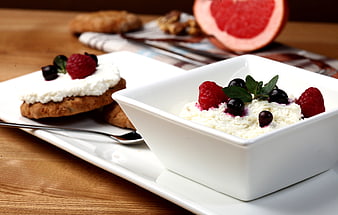 Healthy Breakfast With Cottage Cheese, Berries, And Baked Goods