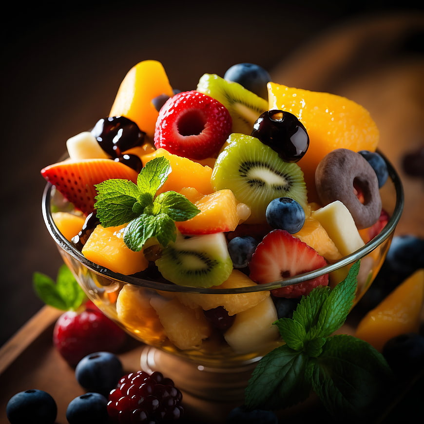 Colorful fresh fruit salad in glass bowl with mint