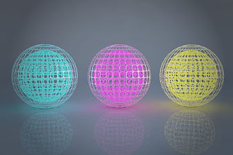 Three glowing wireframe spheres in cyan, pink, and yellow