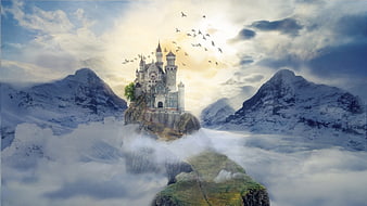 Fantasy Castle On Floating Island Above Snowy Mountains And Clouds