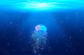 Magical Glittering Jellyfish in Deep Blue Ocean