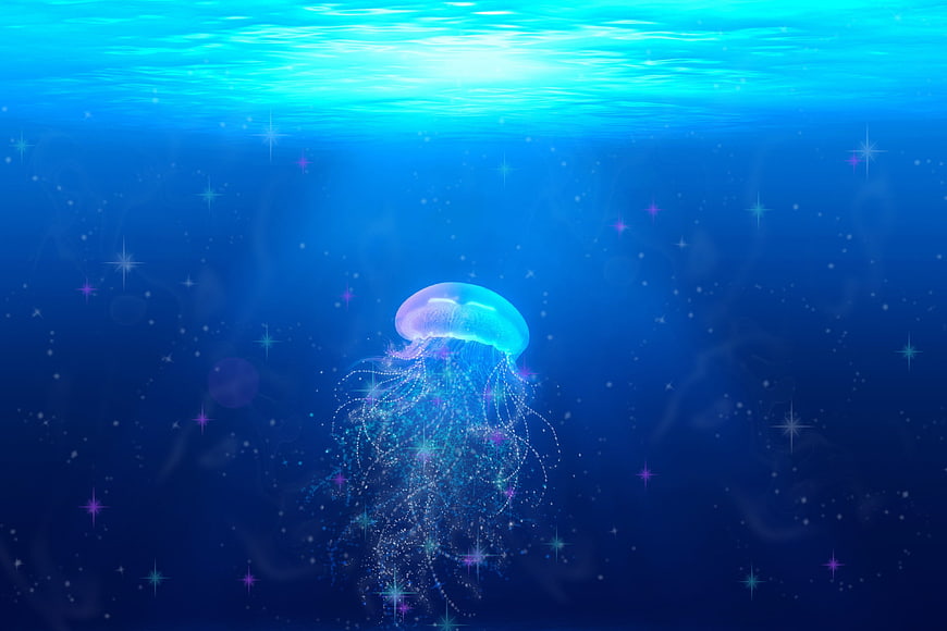 Magical Glittering Jellyfish in Deep Blue Ocean