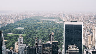 Aerial View of Central Park Surrounded by New York City Skyscrapers
