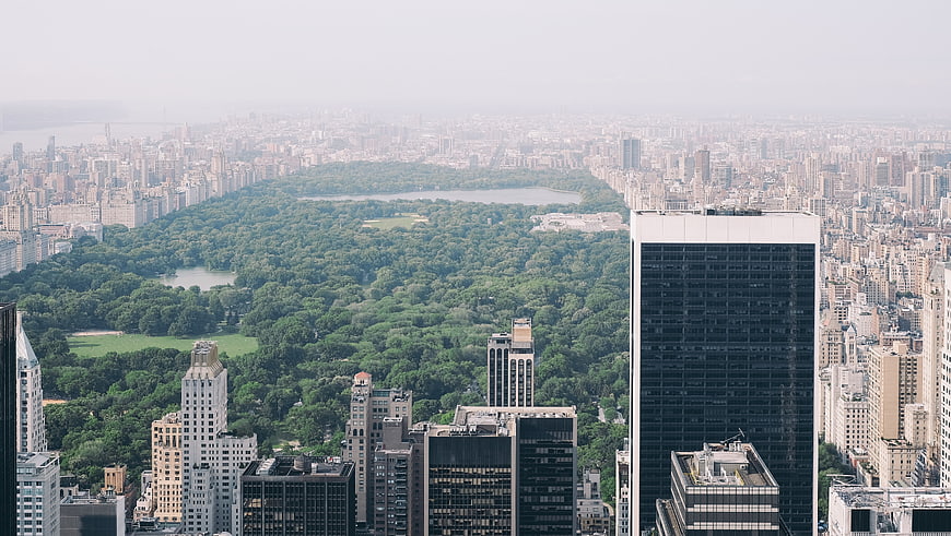 Aerial View of Central Park Surrounded by New York City Skyscrapers
