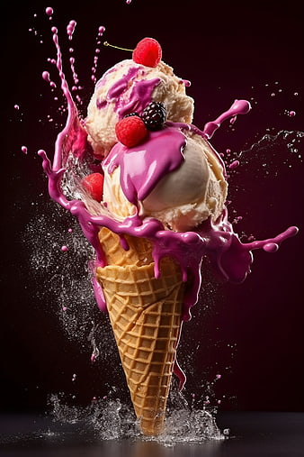 Ice cream cone with berry sauce splash and fresh fruit