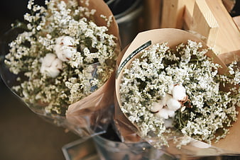 Two bouquets of baby's breath and cotton wrapped in brown paper