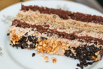 Close-up of layered chocolate cake slice with nuts and chocolate shavings