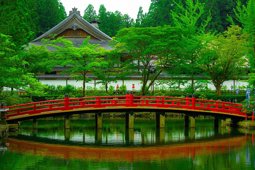 Red arched bridge in traditional Japanese garden