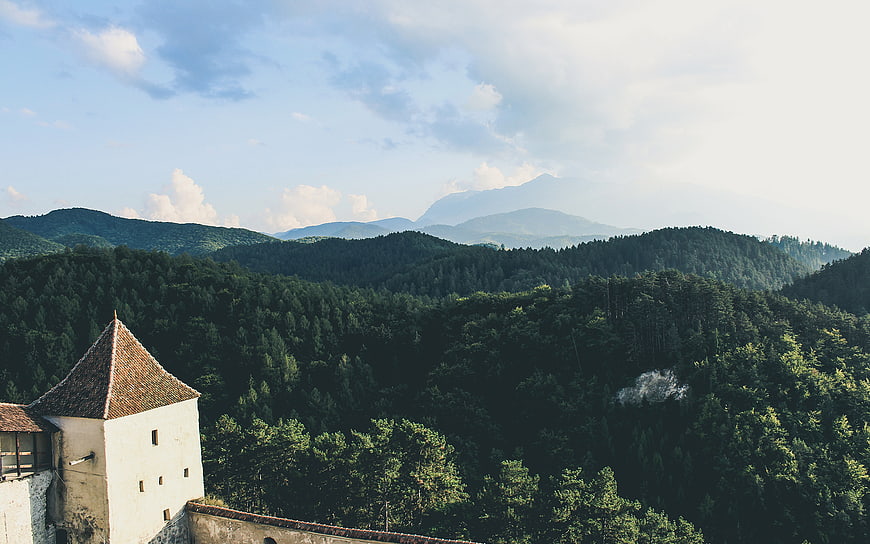 Historic Castle Tower Overlooking Lush Forested Mountains