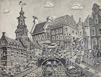 Vintage black and white illustration of a busy European canal city
