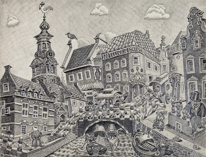 Vintage black and white illustration of a busy European canal city