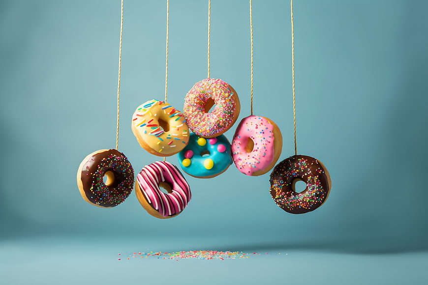 Colorful Donuts Hanging on Strings Against Blue Background