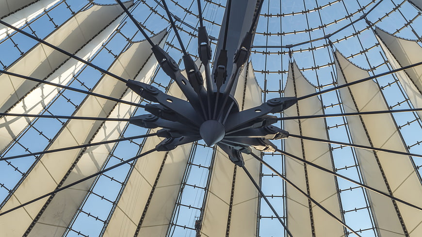 Low angle view of modern tensile fabric roof structure