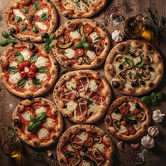 Overhead View of Gourmet Flatbread Pizzas on Wooden Table