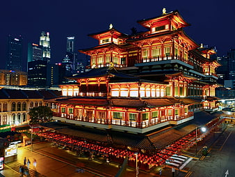 Illuminated Chinatown Temple Night Skyline Singapore
