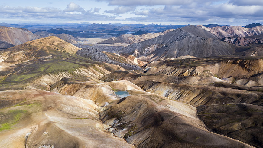 Aerial view of colorful rhyolite mountains in Landmannalaugar, Iceland