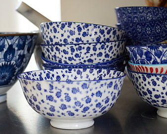 Stacked Blue and White Floral Ceramic Bowls