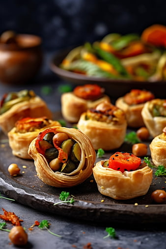 Gourmet vegetable puff pastry appetizers on dark slate