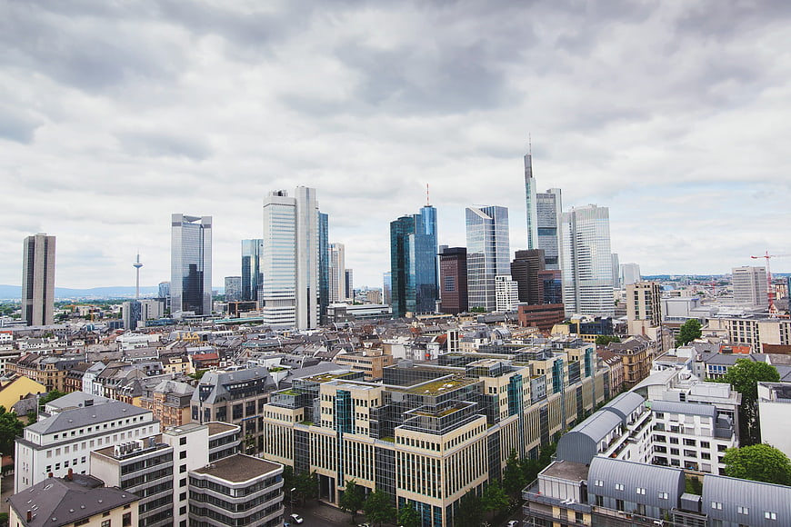 Frankfurt Skyline Cityscape with Modern Skyscrapers and Clouds