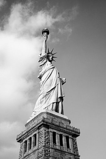 Black and white low angle view of Statue of Liberty