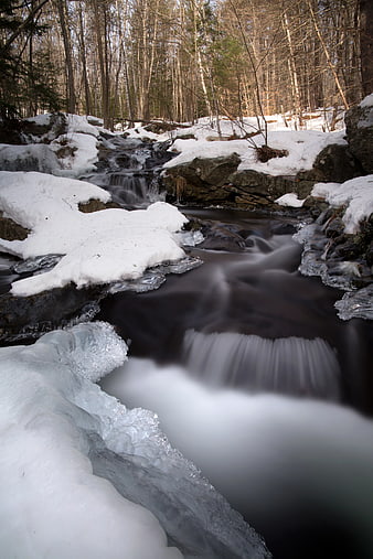 Long Exposure Winter Stream Flowing Through Snowy Forest
