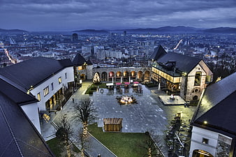 Ljubljana Castle Courtyard at Dusk with Panoramic City View