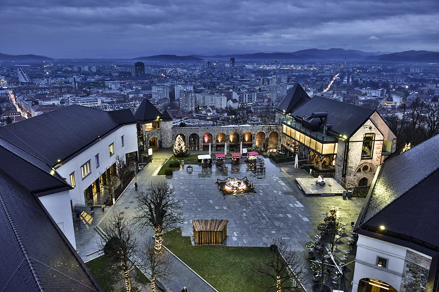 Ljubljana Castle Courtyard at Dusk with Panoramic City View